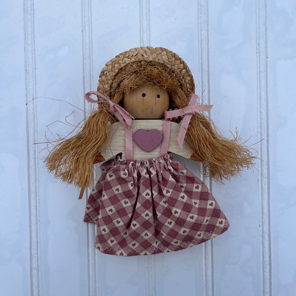 Handcrafted Wooden Doll Wall Hanging Straw Hat Heart Gingham Skirt Rustic Decor